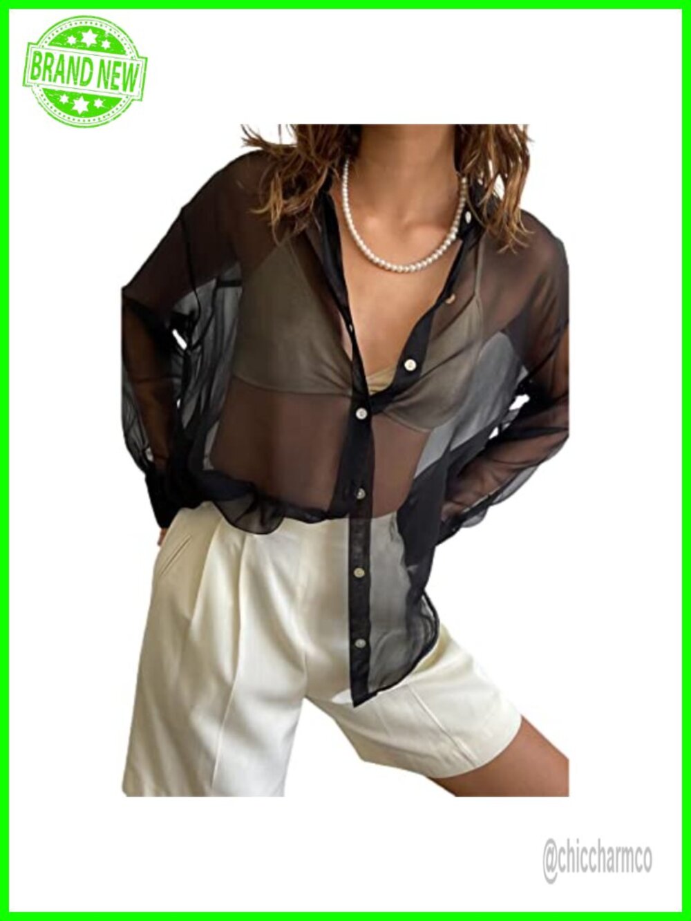 Sheer Mesh Button Down Blouse Long Sleeve V Neck Vintage Top